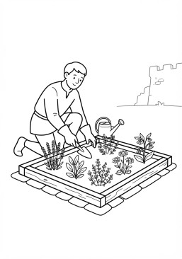 Voir le coloriage Jardinier cultivant des plantes médicinales dans le carré clos des simples du château