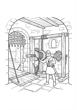 Voir le coloriage Garde vérifiant le treuil du pont-levis dans la sombre salle des mécanismes