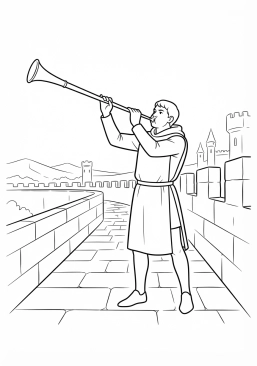 Voir le coloriage Héraut d'armes soufflant dans une longue trompette en bronze sur le chemin de ronde