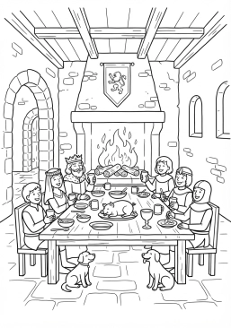 Voir le coloriage Intérieur de la grande salle où le banquet seigneurial bat son plein autour d'un feu