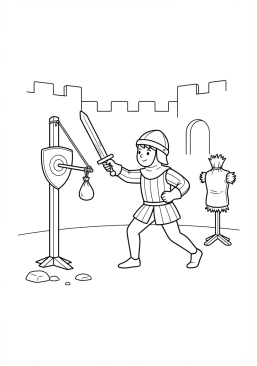 Voir le coloriage Chevalier s'exerçant au combat à l'épée en bois dans la cour d'armes du château