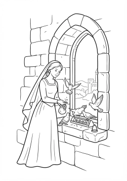 Voir le coloriage Châtelaine nourrissant des colombes voyageuses sur le rebord d'une haute fenêtre
