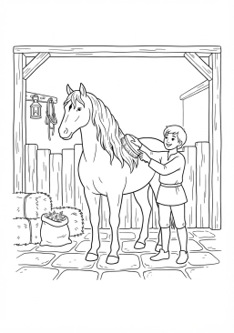 Voir le coloriage Écurie seigneuriale où un palefrenier brosse la crinière d'un grand destrier noir