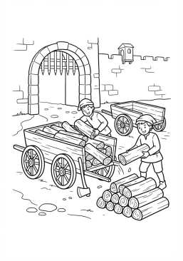 Voir le coloriage Bûcherons déchargeant du bois de chauffage de leurs charrettes à l'entrée de la basse-cour