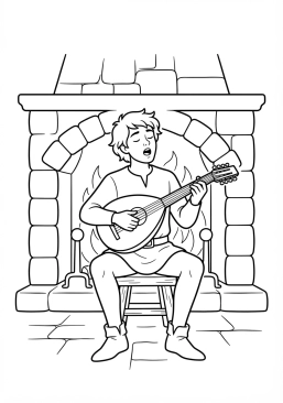 Voir le coloriage Ménestrel jouant du luth et chantant des ballades courtoises devant la cheminée
