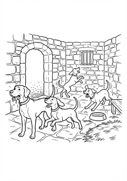 Voir le coloriage Meute de chiens de chasse bavant et s'agitant dans leur chenil en pierre du château