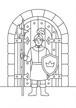 Voir le coloriage Garde royal en faction avec sa hallebarde devant la lourde porte en chêne clouté