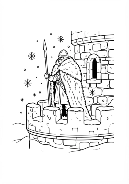 Voir le coloriage Sentinelle enveloppée d'une cape de fourrure bravant la neige au sommet d'une tour
