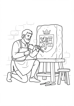 Voir le coloriage Artisan tailleur de pierre sculptant un blason héraldique sur un bloc de calcaire