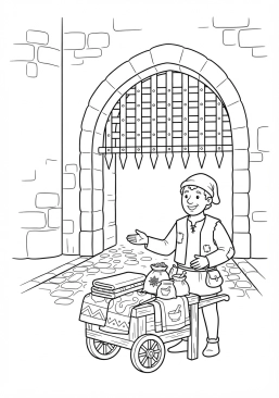 Voir le coloriage Vendeur ambulant proposant des étoffes et des épices devant la herse baissée