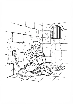 Voir le coloriage Prisonnier en haillons enchaîné dans les sombres souterrains humides du donjon