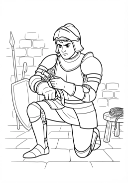 Voir le coloriage Guerrier ajustant les sangles de son armure de plaques avant l'assaut final