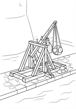 Voir le coloriage Catapulte en bois prête à lancer de lourdes pierres depuis les douves du château
