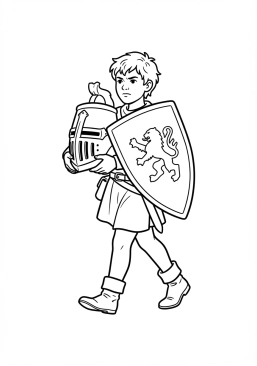Voir le coloriage Jeune page portant l'écusson et le heaume lourd de son chevalier protecteur