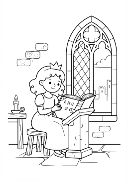 Voir le coloriage Jeune princesse lisant un grimoire près d'une haute fenêtre ogivale en pierre