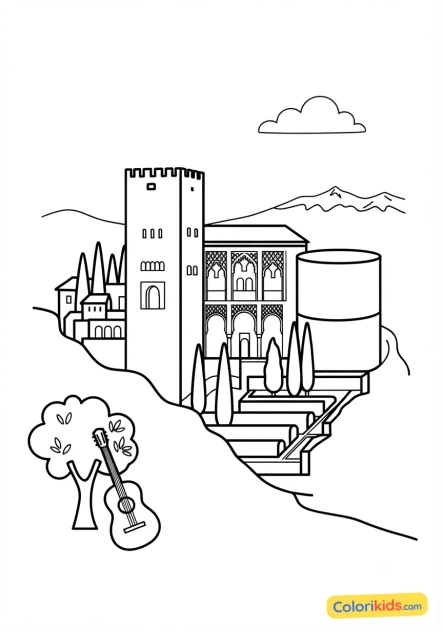 Coloriage à imprimer : palais de l'Alhambra à Grenade