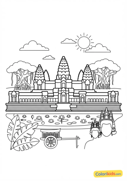 Coloriage à imprimer : temple d'Angkor Wat au Cambodge