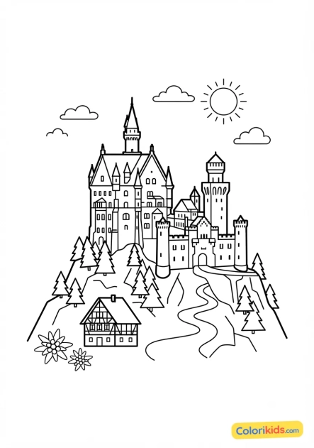 Coloriage à imprimer : château de Neuschwanstein en Allemagne
