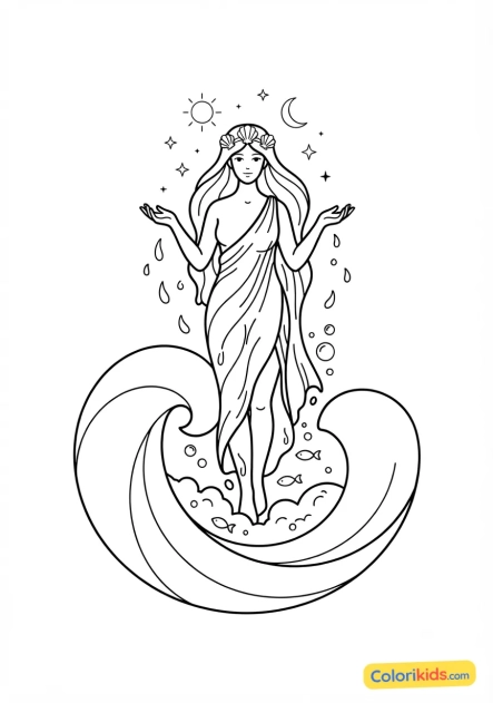 Dibujo para colorear para imprimir: afrodita emergiendo de las olas