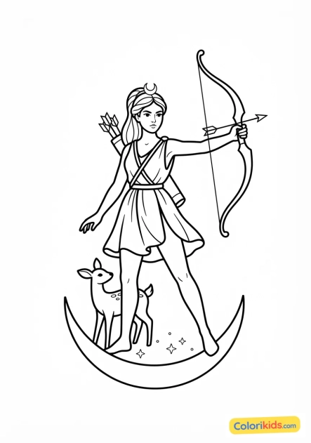 Ausmalbild zum Ausdrucken: artemis schwingt ihren Bogen
