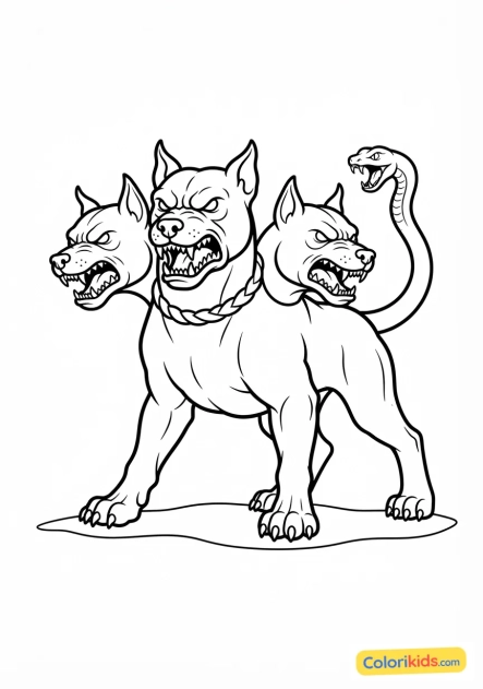 Desenho para colorir para imprimir: cérbero com três cabeças ferozes