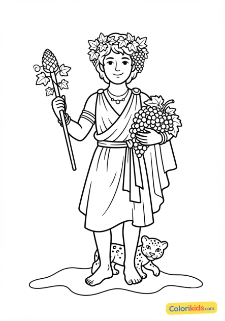 Desenho para colorir para imprimir: dionísio coroado de hera e uvas