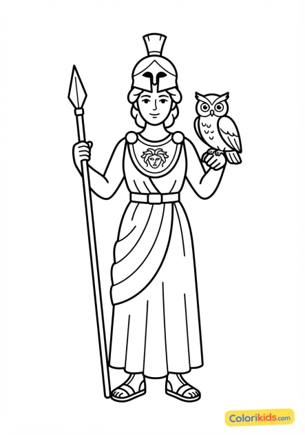 Desenho para colorir para imprimir: atena com capacete e sua coruja