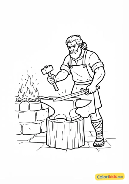 Desenho para colorir para imprimir: hefesto na bigorna e martelo