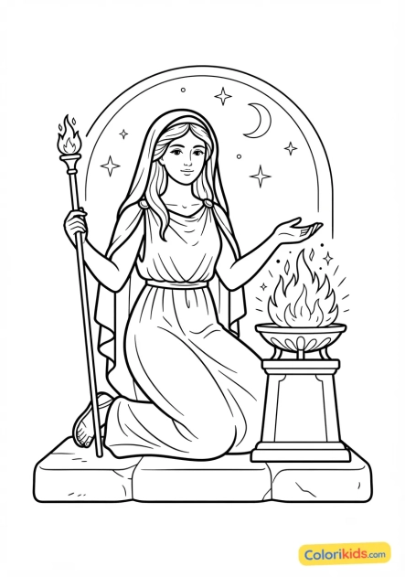 Ausmalbild zum Ausdrucken: hestia am heiligen Feuer