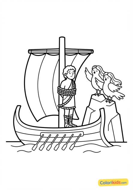 Desenho para colorir para imprimir: ulisses em seu navio e as sereias