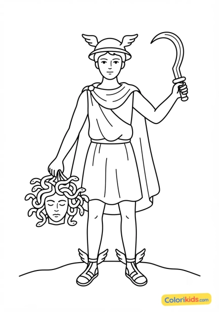 Ausmalbild zum Ausdrucken: perseus hält Medusas Kopf