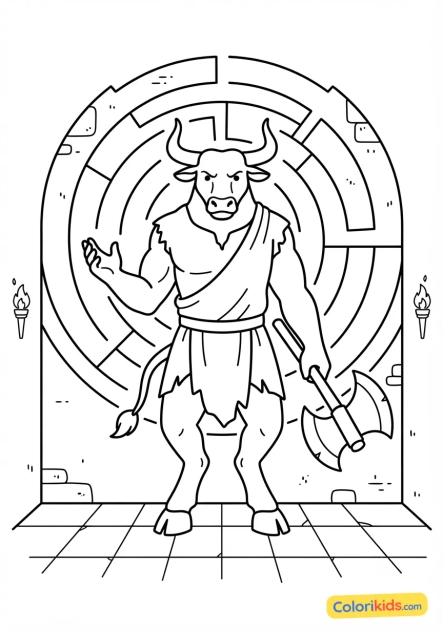 Ausmalbild zum Ausdrucken: der furchterregende Minotaurus in seinem Labyrinth