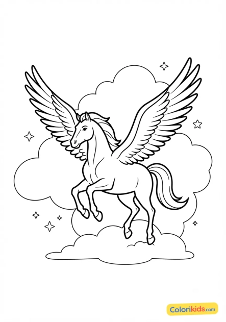 Desenho para colorir para imprimir: o cavalo alado Pégasus nas nuvens
