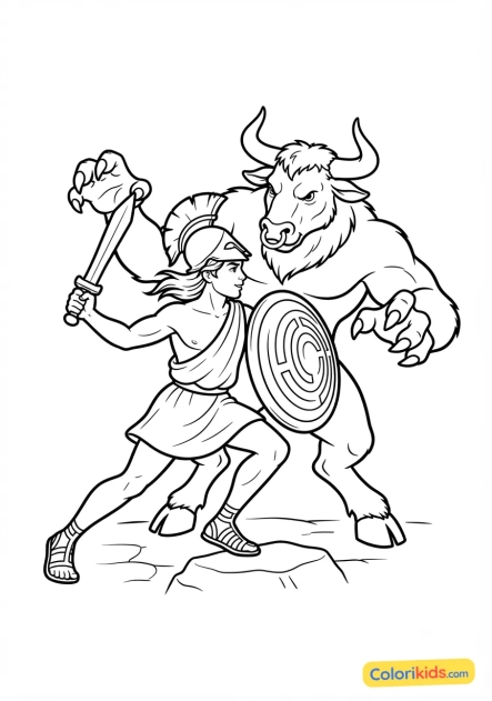 Ausmalbild zum Ausdrucken: theseus kämpft gegen den Minotaurus