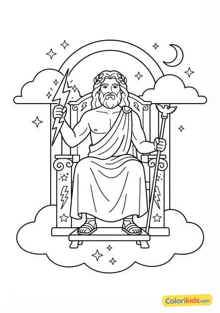 Desenho para colorir para imprimir: zeus em seu trono celestial
