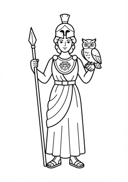 Desenho para imprimir de atena com capacete e sua coruja