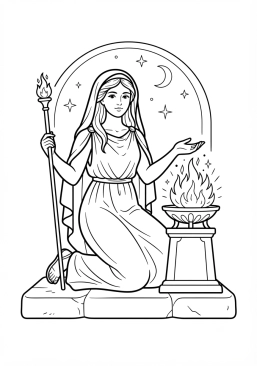 Desenho para imprimir de héstia perto do fogo sagrado