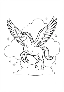 Ver el dibujo para colorear El caballo alado Pegaso en las nubes