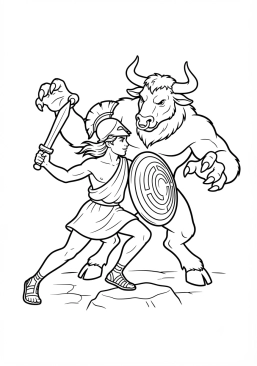 Ver el dibujo para colorear Teseo luchando contra el Minotauro