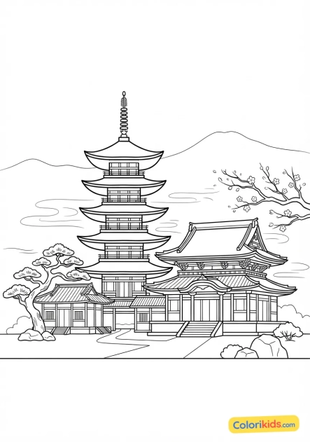 Ausmalbild zum Ausdrucken: altes buddhistisches Tempel mit gestaffelten Pagodendächern im Morgennebel