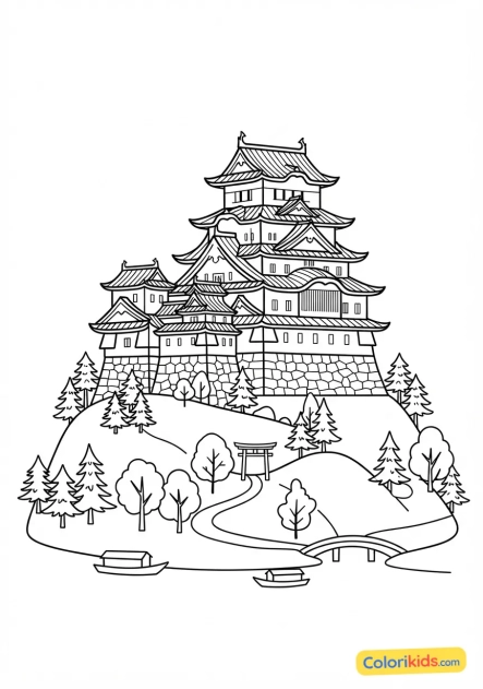 Coloriage à imprimer : ancien château fort japonais aux toits multiples dominant une colline boisée