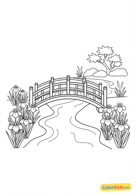 Coloriage à imprimer : pont en bois arqué enjambant un ruisseau paisible bordé d'iris en fleurs