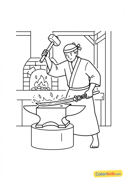 Coloriage à imprimer : artisan fabriquant un katana traditionnel, frappant le métal ardent avec son marteau