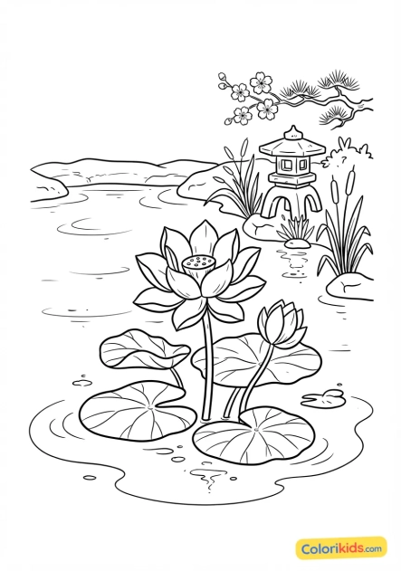 Coloriage à imprimer : fleurs de lotus délicates écloses dans un étang paisible de jardin japonais