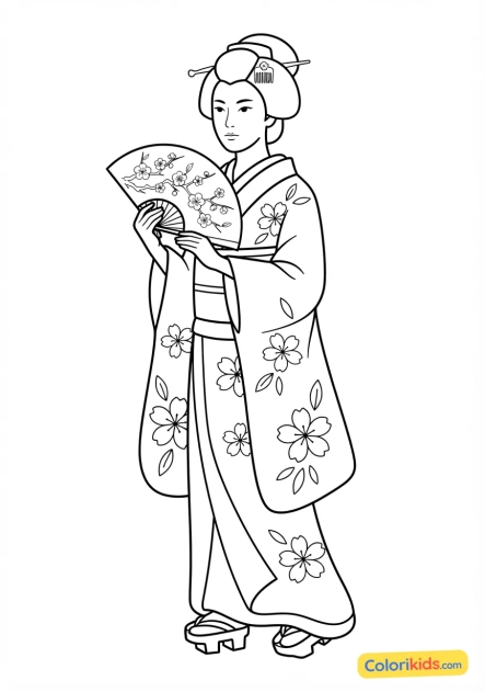 Coloriage à imprimer : geisha tenant un éventail traditionnel peint de motifs floraux délicats