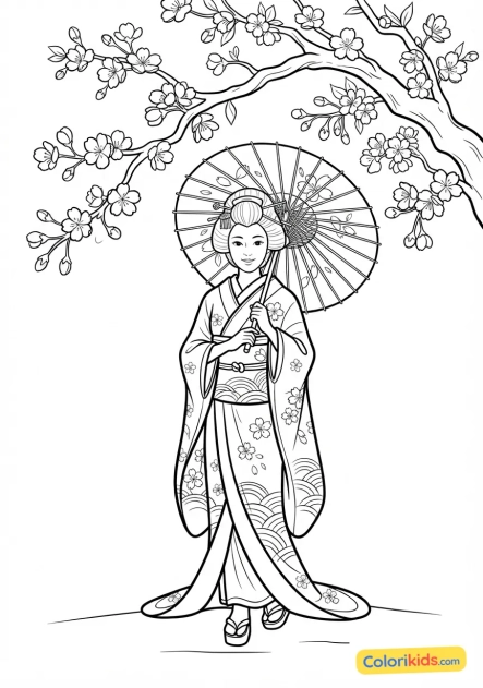 Coloriage à imprimer : geisha en kimono de soie raffiné tenant un parapluie en papier sous les cerisiers
