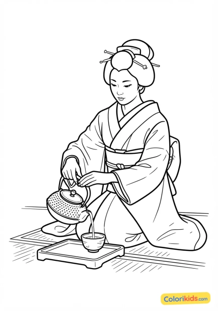 Coloriage à imprimer : geisha versant du thé vert depuis une théière en fonte sur une natte de tatami