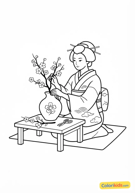 Coloriage à imprimer : geisha arrangeant habilement des fleurs de cerisier dans un vase en céramique