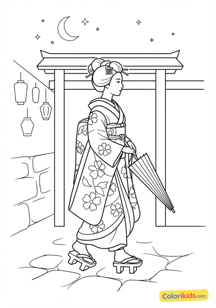 Coloriage à imprimer : geisha marchant gracieusement sur des geta en bois dans une ruelle de Kyoto la nuit