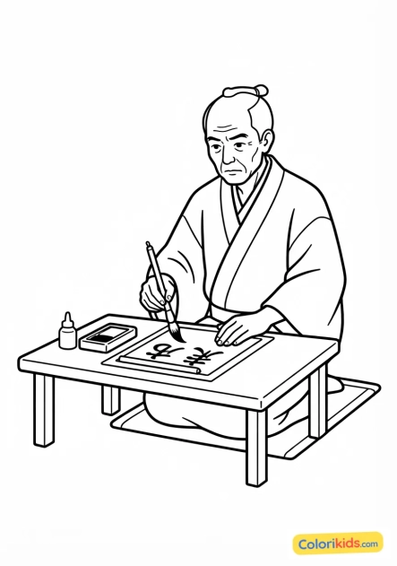 Coloriage à imprimer : calligraphe japonais concentré traçant des kanjis noirs sur un papier de riz blanc